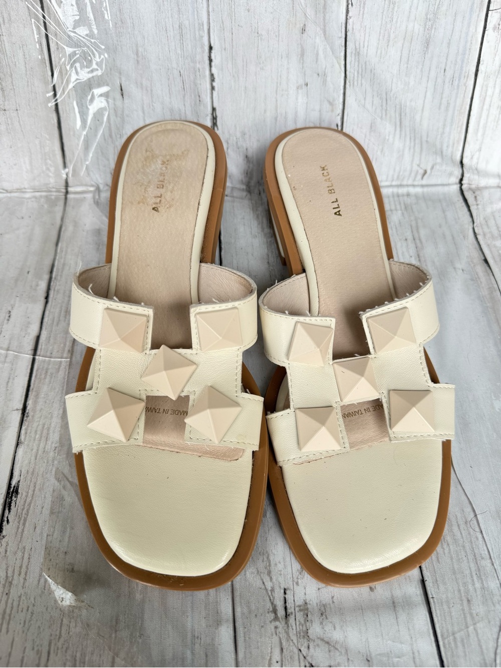 All Black Cream Pyramid-Stud Slip-On Mules